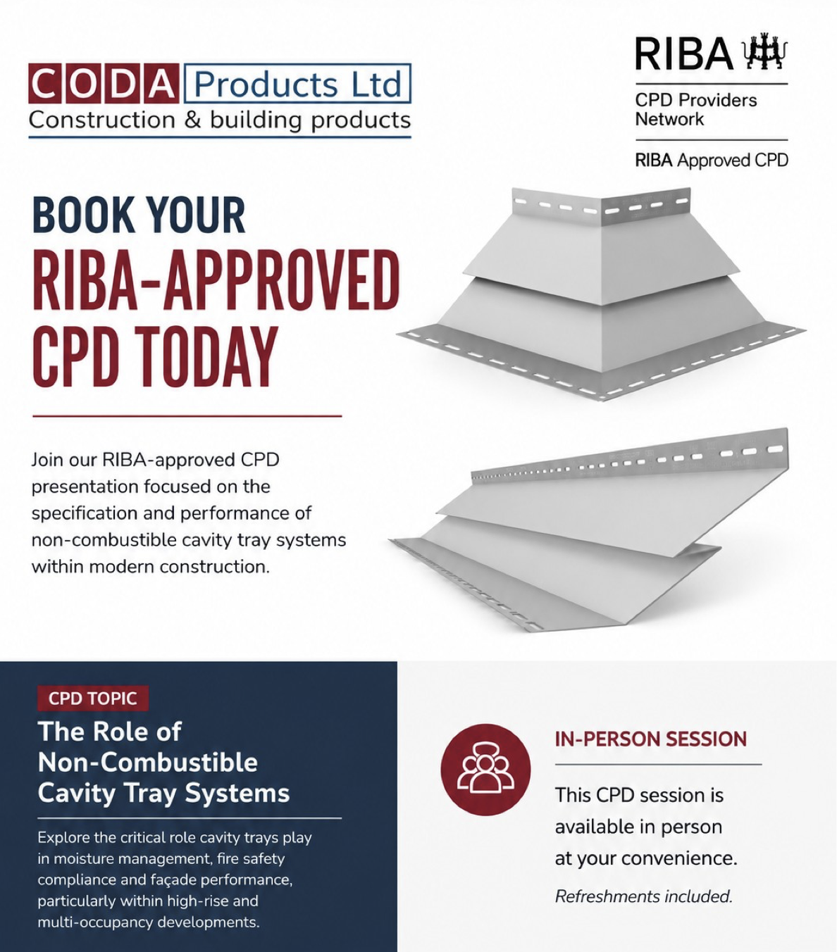 Coda Products RIBA-approved CPD flyer showing non-combustible cavity tray systems